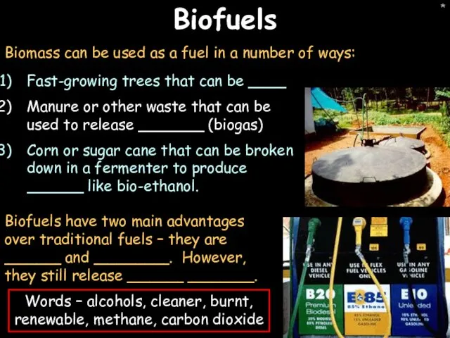 * Biofuels Biomass can be used as a fuel in