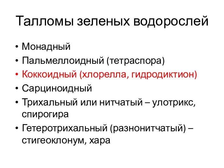 Талломы зеленых водорослей Монадный Пальмеллоидный (тетраспора) Коккоидный (хлорелла, гидродиктион) Сарциноидный