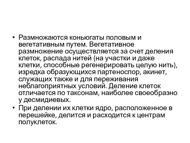 Размножаются коньюгаты половым и вегетативным путем. Вегетативное размножение осуществляется за