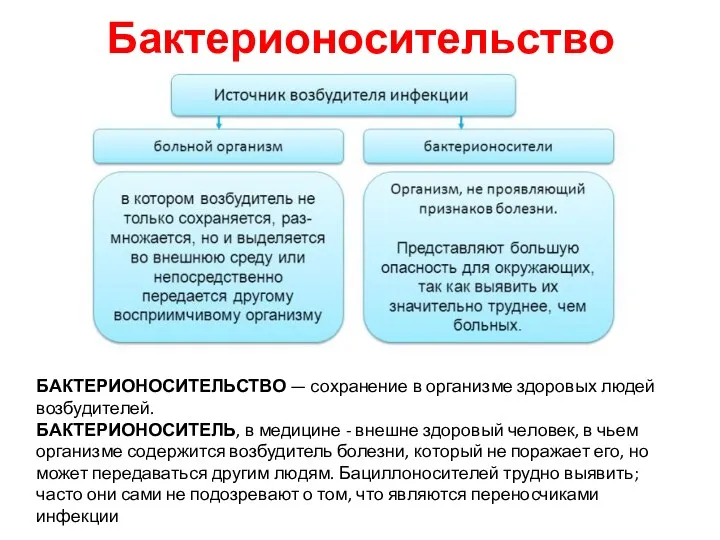 Бактерионосительство БАКТЕРИОНОСИТЕЛЬСТВО — сохранение в организме здоровых людей возбудителей. БАКТЕРИОНОСИТЕЛЬ, в медицине -