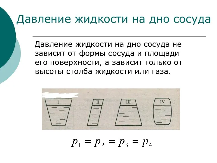 Давление жидкости на дно сосуда не зависит от формы сосуда