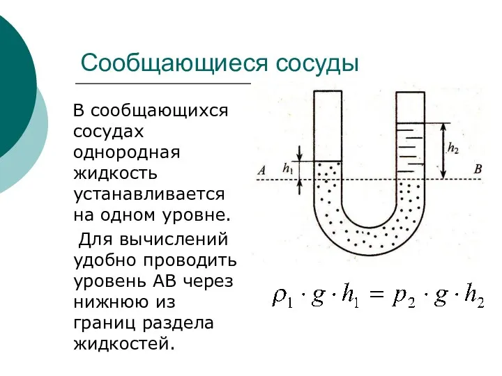 Сообщающиеся сосуды В сообщающихся сосудах однородная жидкость устанавливается на одном