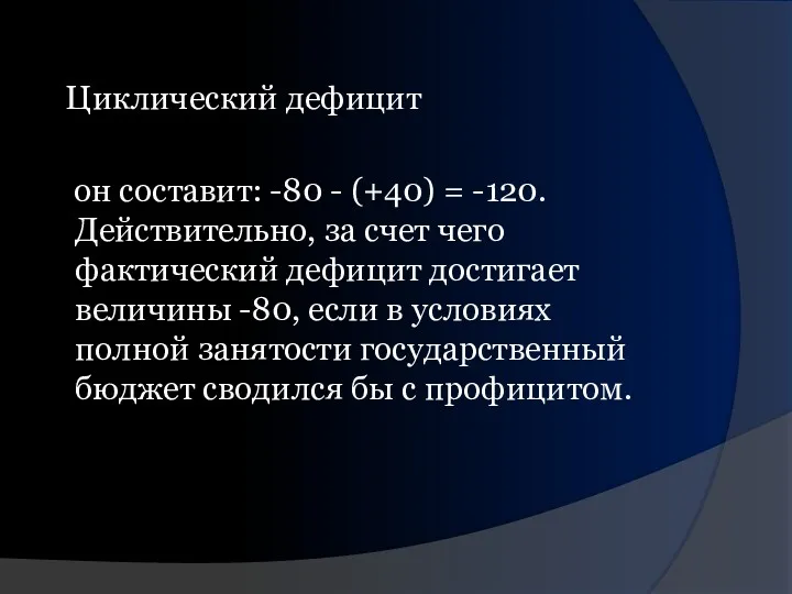 Циклический дефицит он составит: -80 - (+40) = -120. Действительно,