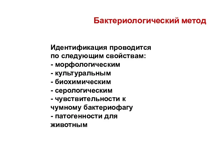 Бактериологический метод Идентификация проводится по следующим свойствам: - морфологическим -