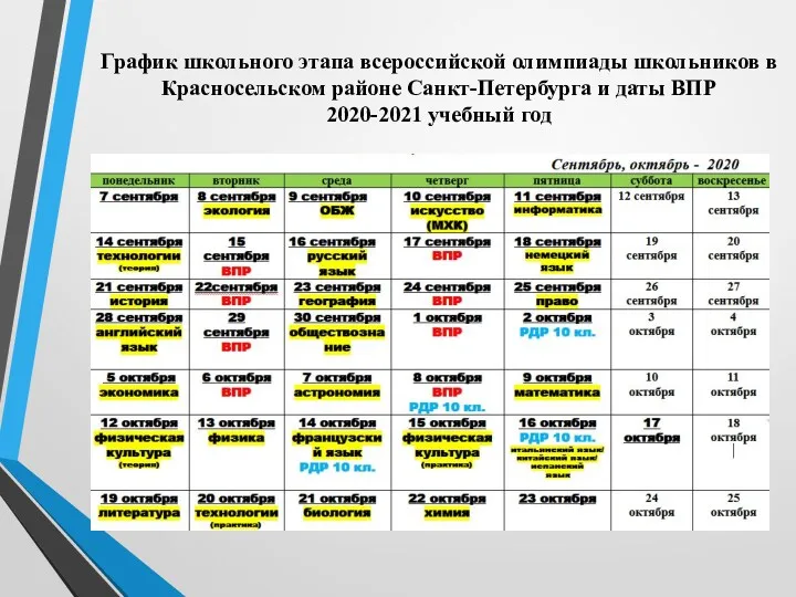 График школьного этапа всероссийской олимпиады школьников в Красносельском районе Санкт-Петербурга и даты ВПР 2020-2021 учебный год