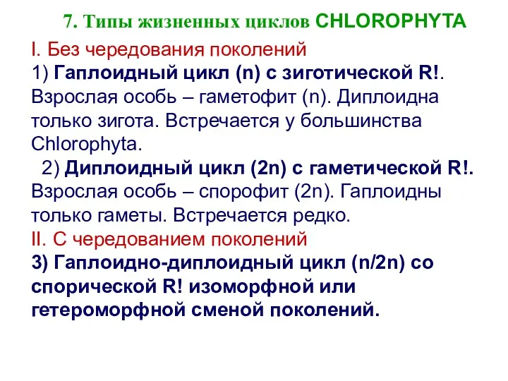 7. Типы жизненных циклов CHLOROPHYTA I. Без чередования поколений 1)