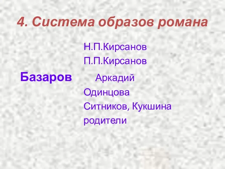 4. Система образов романа Н.П.Кирсанов П.П.Кирсанов Базаров Аркадий Одинцова Ситников, Кукшина родители