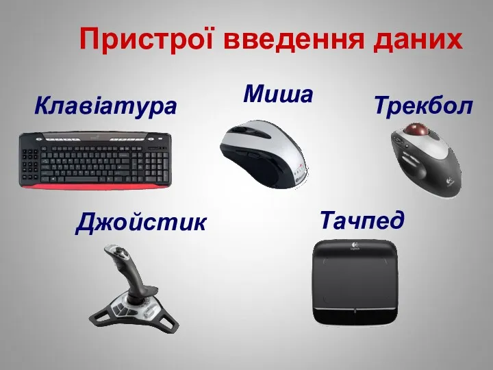 Пристрої введення даних Клавіатура Миша Трекбол Джойстик Тачпед