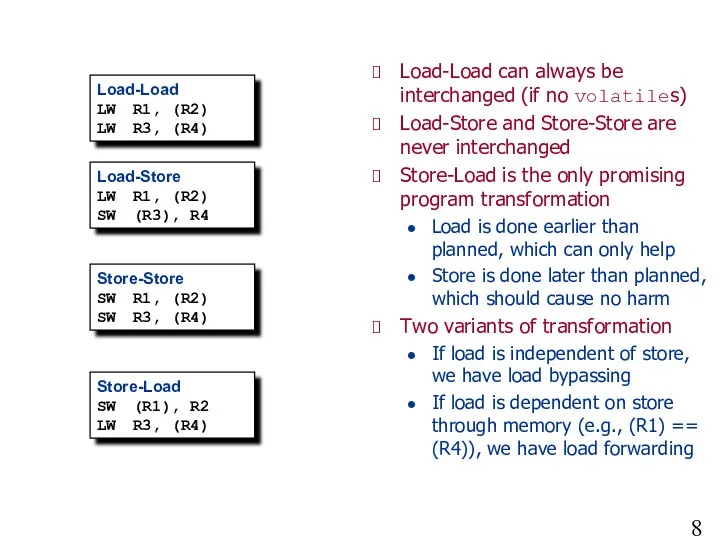 Four Possibilities for Load/Store Motion Load-Load LW R1, (R2) LW