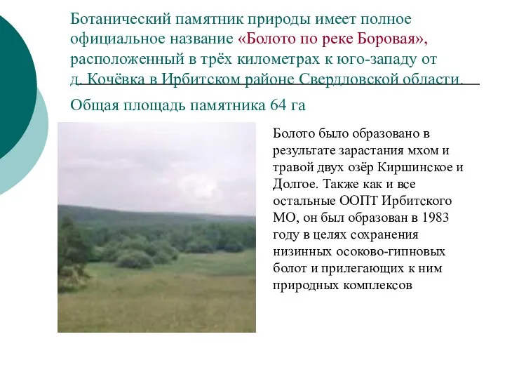 Ботанический памятник природы имеет полное официальное название «Болото по реке Боровая», расположенный в