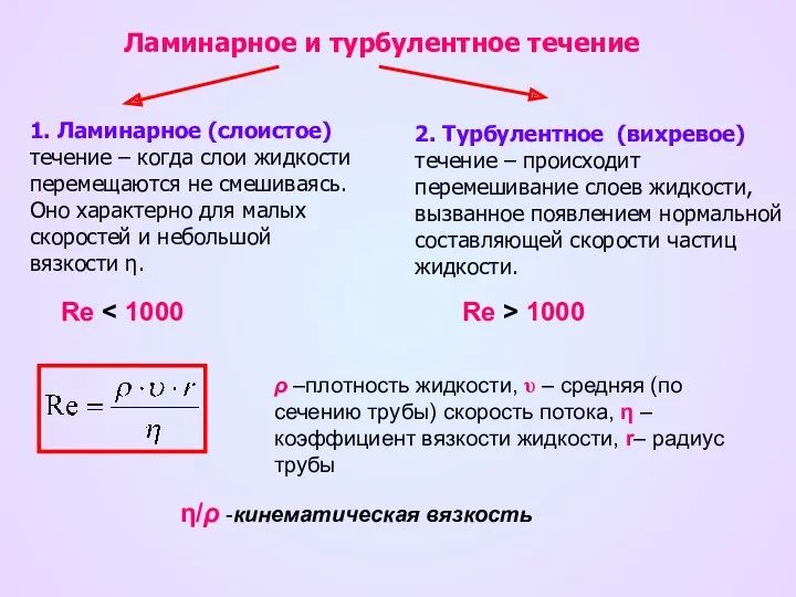 Ламинарное и турбулентное течение 1. Ламинарное (слоистое) течение – когда