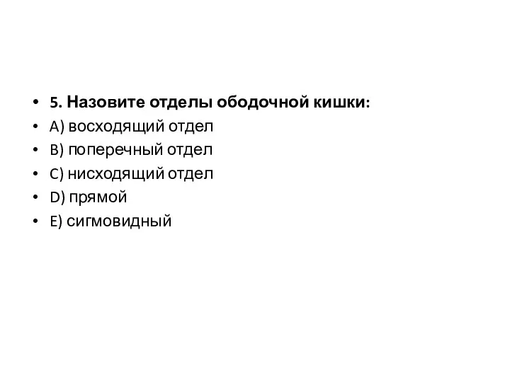 5. Назовите отделы ободочной кишки: A) восходящий отдел B) поперечный