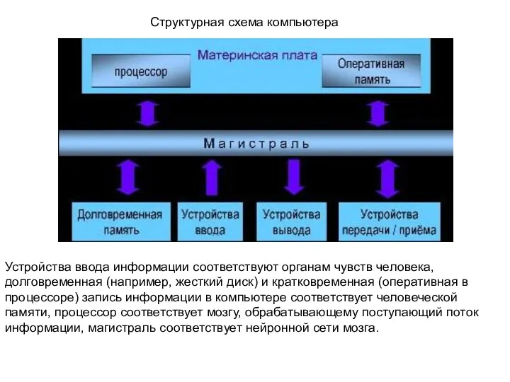 Структурная схема компьютера Устройства ввода информации соответствуют органам чувств человека, долговременная (например, жесткий