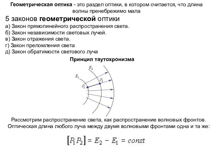 5 законов геометрической оптики а) Закон прямолинейного распространения света. б) Закон независимости световых