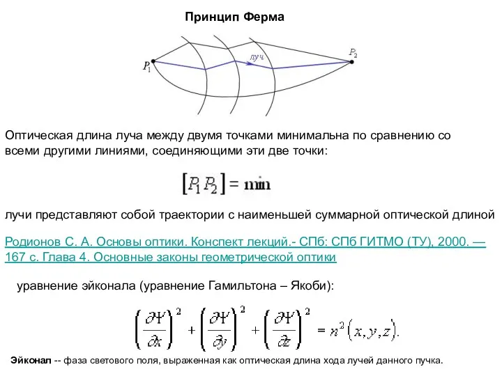 Принцип Ферма Оптическая длина луча между двумя точками минимальна по сравнению со всеми