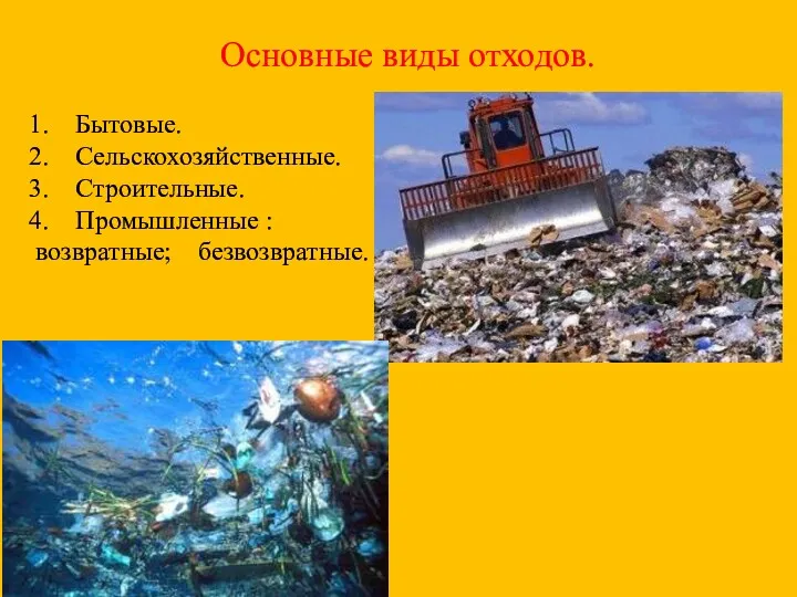 Основные виды отходов. Бытовые. Сельскохозяйственные. Строительные. Промышленные : возвратные; безвозвратные.