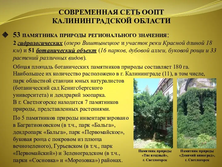 53 памятника природы регионального значения: 2 гидрологических (озеро Виштынецкое и