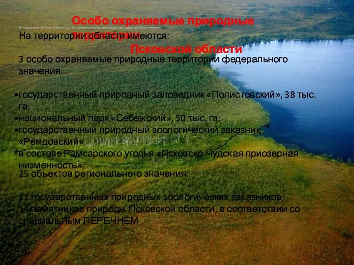 Особо охраняемые природные территории Псковской области 25 объектов регионального значения: