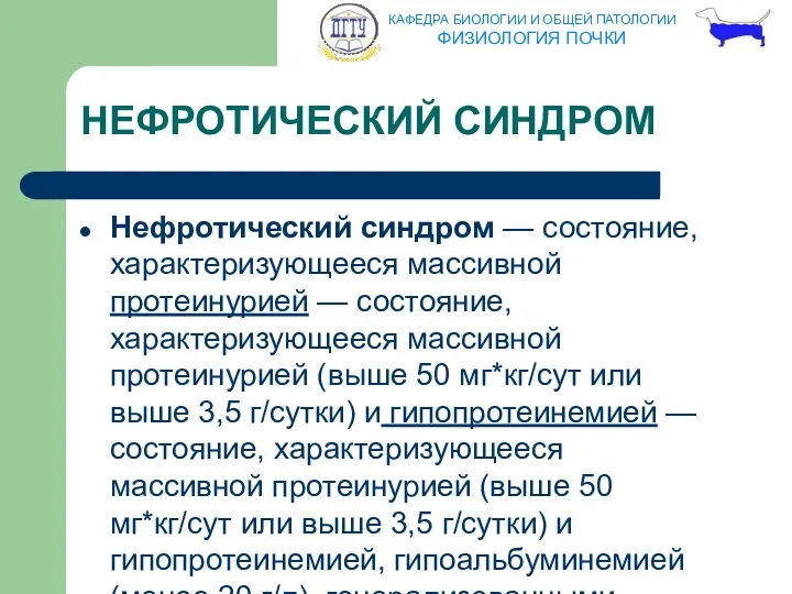 НЕФРОТИЧЕСКИЙ СИНДРОМ Нефротический синдром — состояние, характеризующееся массивной протеинурией —