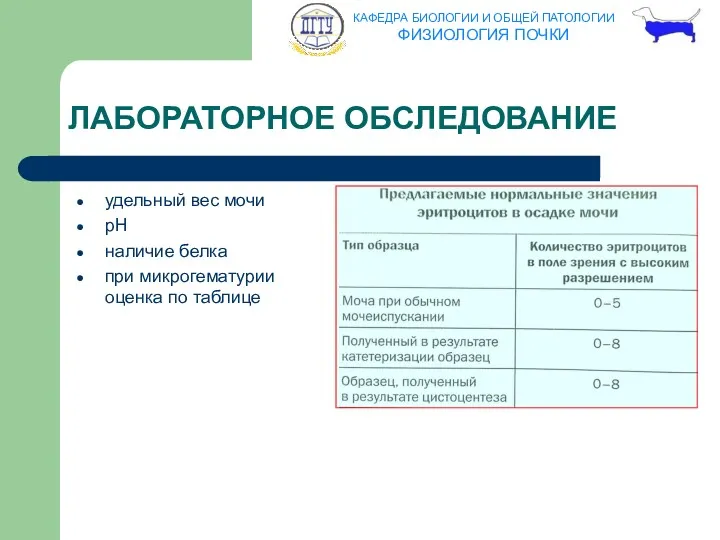 ЛАБОРАТОРНОЕ ОБСЛЕДОВАНИЕ удельный вес мочи рН наличие белка при микрогематурии оценка по таблице