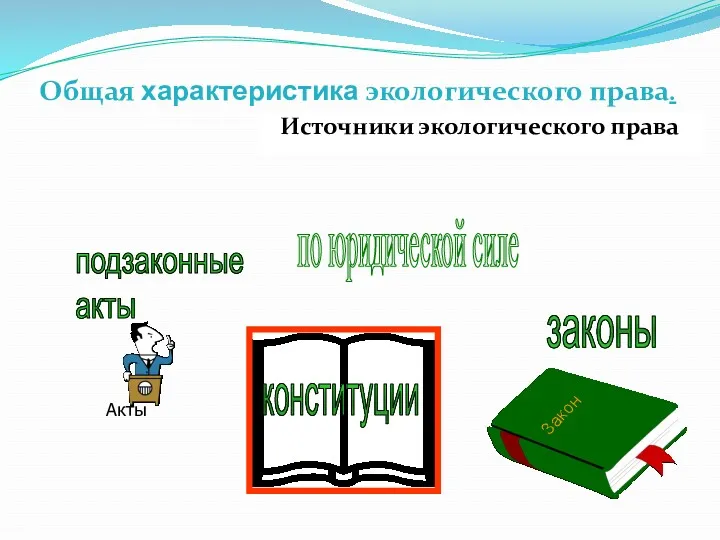 Общая характеристика экологического права. Источники экологического права подзаконные акты законы по юридической силе конституции