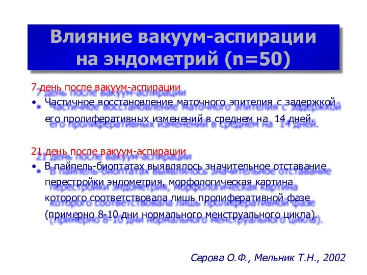 Влияние вакуум-аспирации на эндометрий (n=50) 7 день после вакуум-аспирации Частичное восстановление маточного эпителия