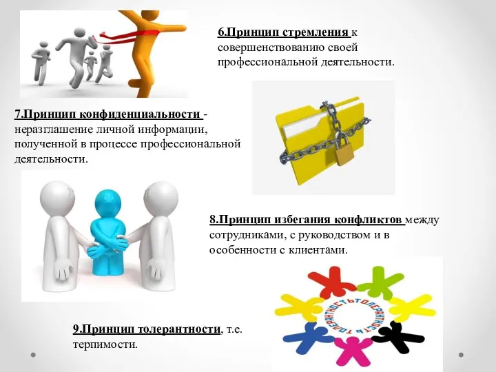 9.Принцип толерантности, т.е. терпимости. 6.Принцип стремления к совершенствованию своей профессиональной деятельности. 7.Принцип конфиденциальности