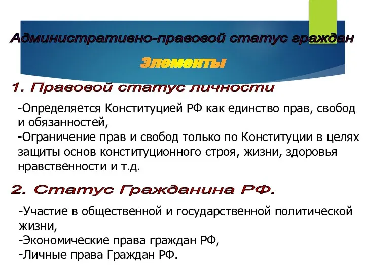 Административно-правовой статус граждан Элементы 1. Правовой статус личности -Определяется Конституцией