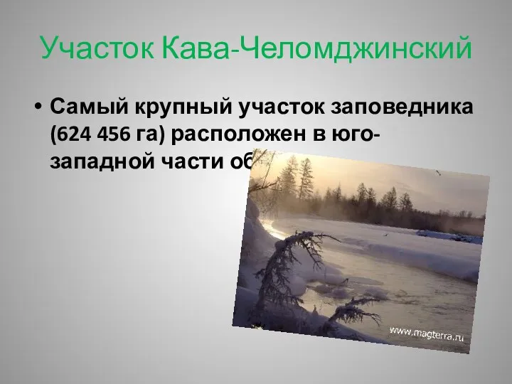 Участок Кава-Челомджинский Самый крупный участок заповедника (624 456 га) расположен в юго-западной части области.