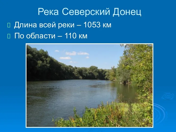 Река Северский Донец Длина всей реки – 1053 км По области – 110 км