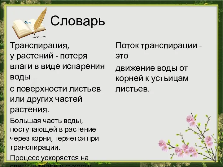 Словарь Транспирация, у растений - потеря влаги в виде испарения