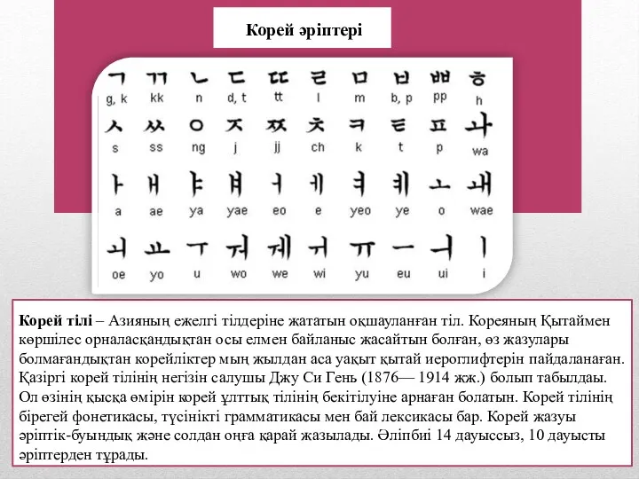 Корей тілі – Азияның ежелгі тілдеріне жататын оқшауланған тіл. Кореяның