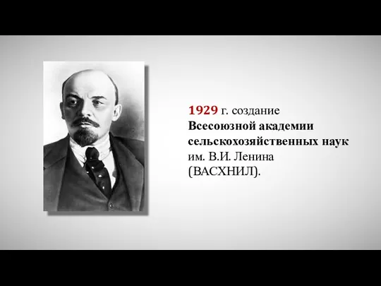 1929 г. создание Всесоюзной академии сельскохозяйственных наук им. В.И. Ленина (ВАСХНИЛ).