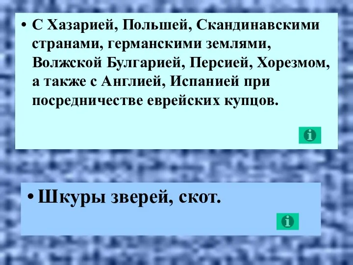 С Хазарией, Польшей, Скандинавскими странами, германскими землями, Волжской Булгарией, Персией,