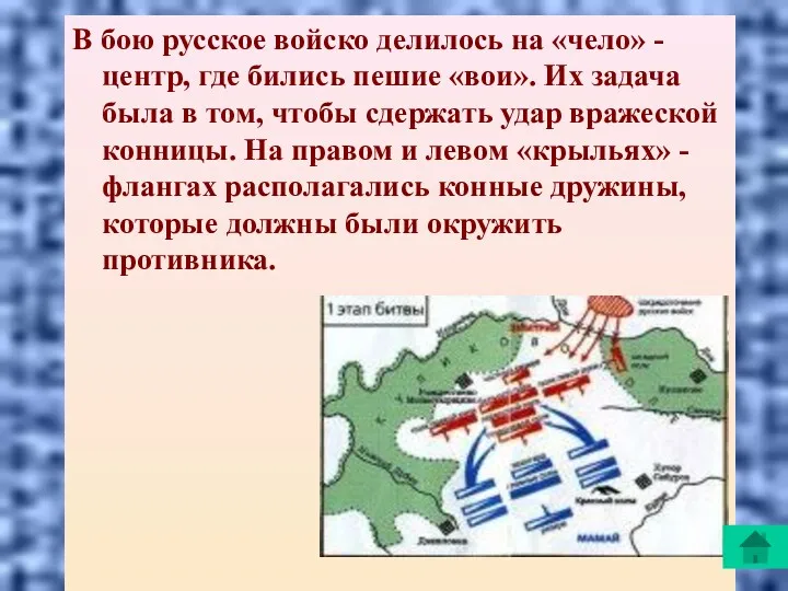 В бою русское войско делилось на «чело» - центр, где