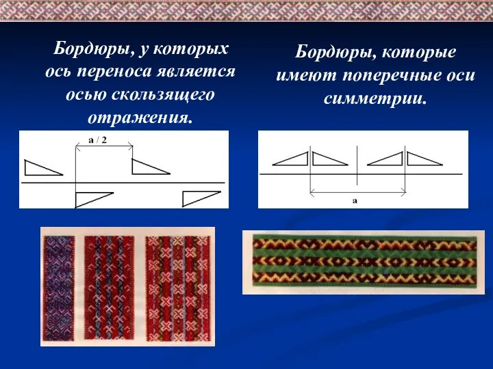 Бордюры, у которых ось переноса является осью скользящего отражения. Бордюры, которые имеют поперечные оси симметрии.