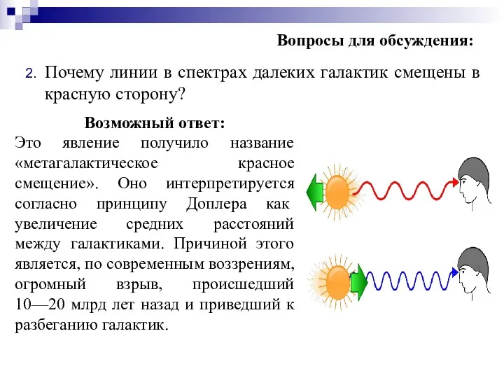 Вопросы для обсуждения: Почему линии в спектрах далеких галактик смещены