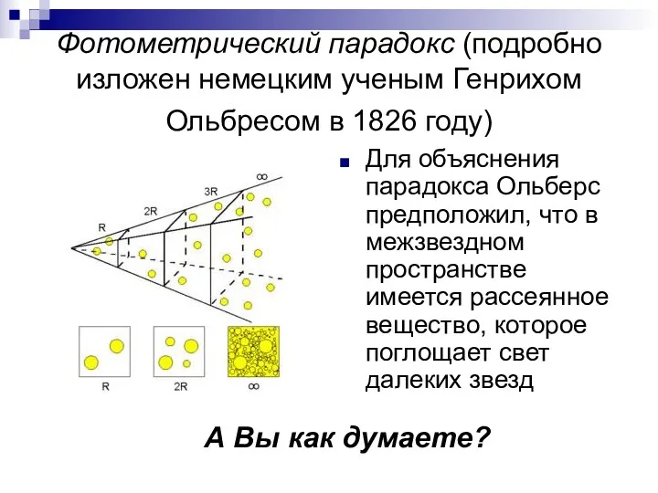 Фотометрический парадокс (подробно изложен немецким ученым Генрихом Ольбресом в 1826 году) Для объяснения