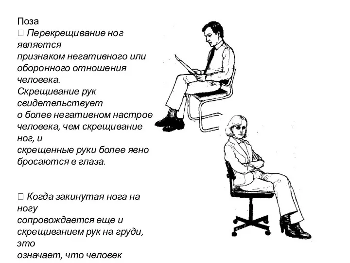 Поза  Перекрещивание ног является признаком негативного или оборонного отношения