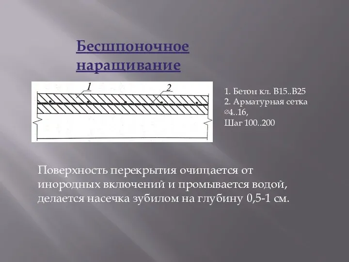 Бесшпоночное наращивание 1. Бетон кл. В15..В25 2. Арматурная сетка ∅4..16,