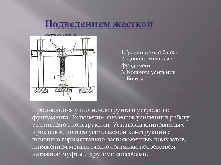 Подведением жесткой опоры 1. Усиливаемая балка 2. Дополнительный фундамент 3.