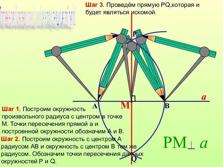 М a Шаг 3. Проведём прямую PQ,которая и будет являться