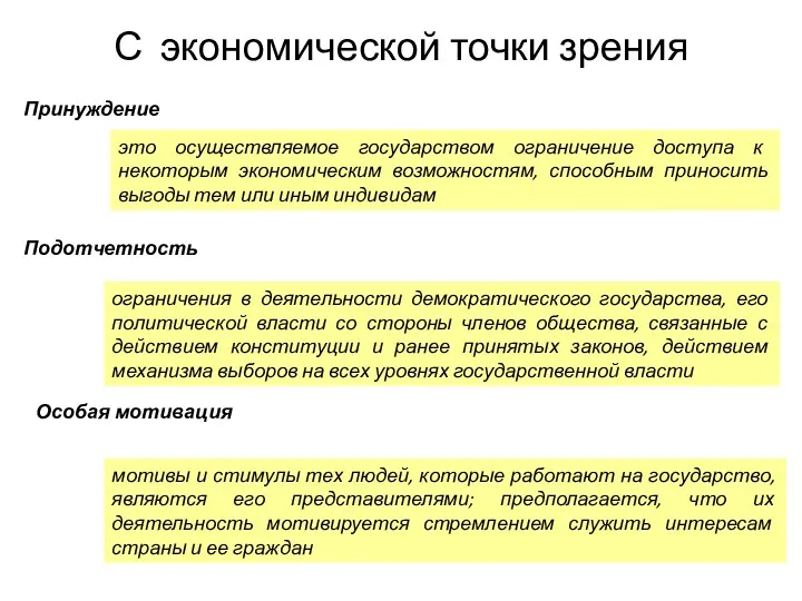 С экономической точки зрения Принуждение это осуществляемое государством ограничение доступа