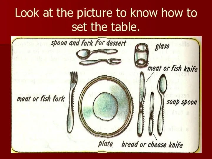 Look at the picture to know how to set the table.