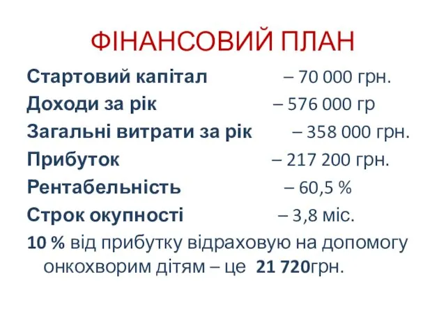 Стартовий капітал – 70 000 грн. Доходи за рік –
