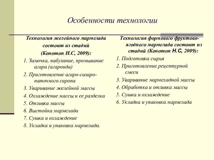 Особенности технологии Технология желейного мармелада состоит из стадий (Конотоп Н.С,