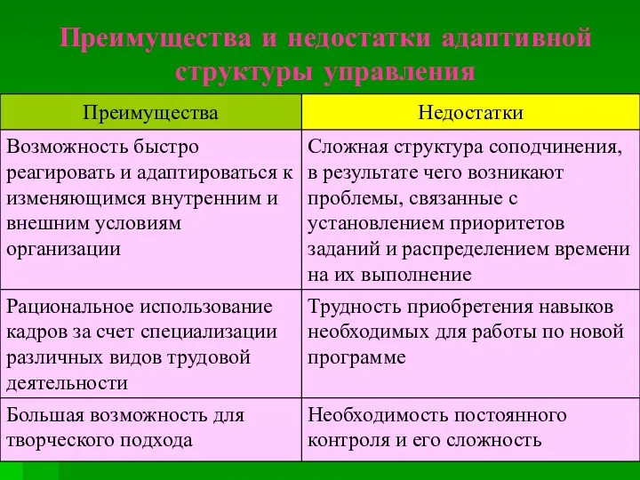 Преимущества и недостатки адаптивной структуры управления