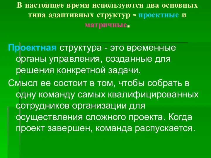 Проектная структура - это временные органы управления, созданные для решения