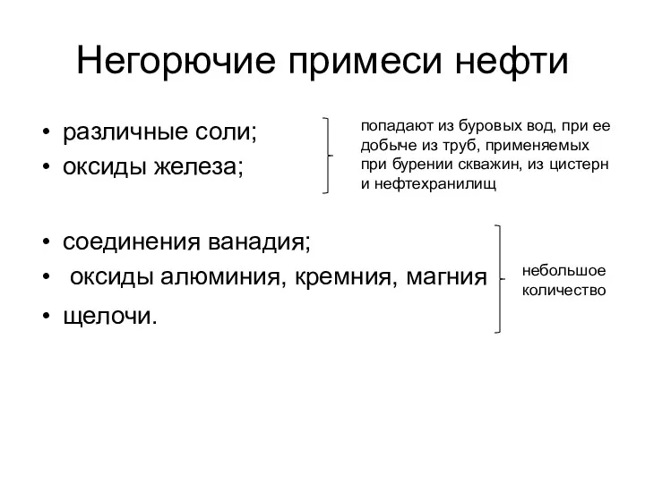 Негорючие примеси нефти различные соли; оксиды железа; соединения ванадия; оксиды