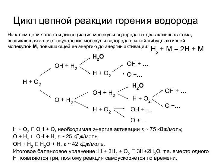 Цикл цепной реакции горения водорода Н + О2 ОН +